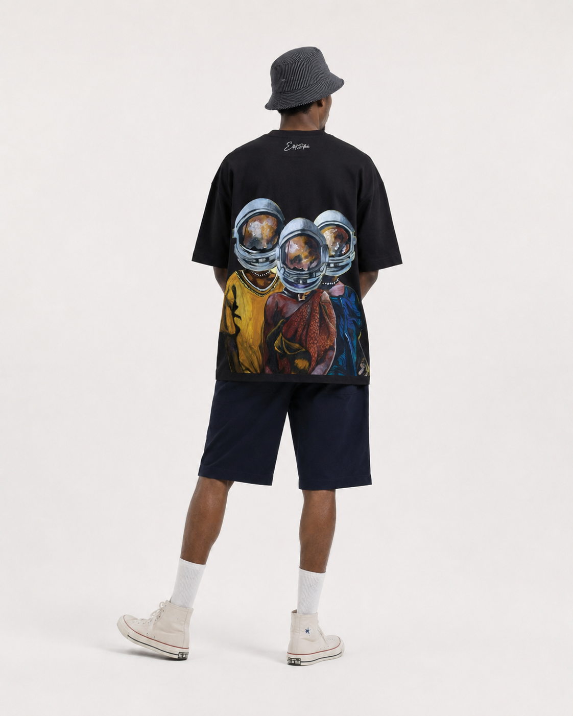 3 Queens black T-shirt, back view
