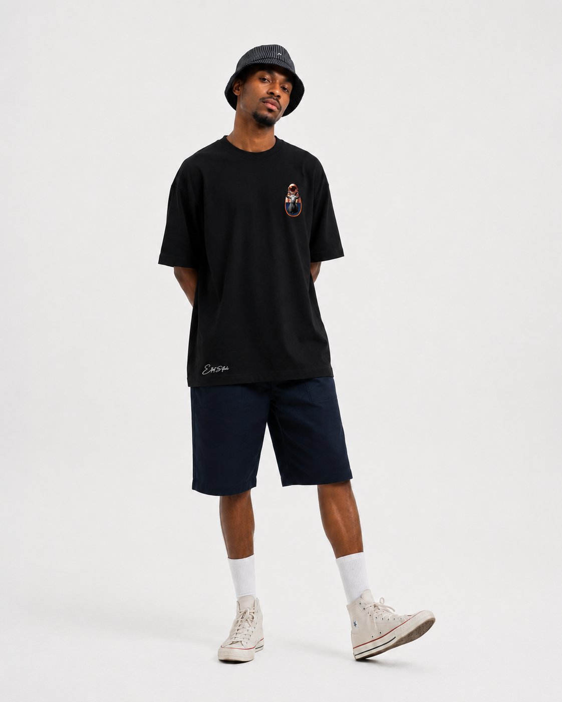 3 Queens black T-shirt, front view
