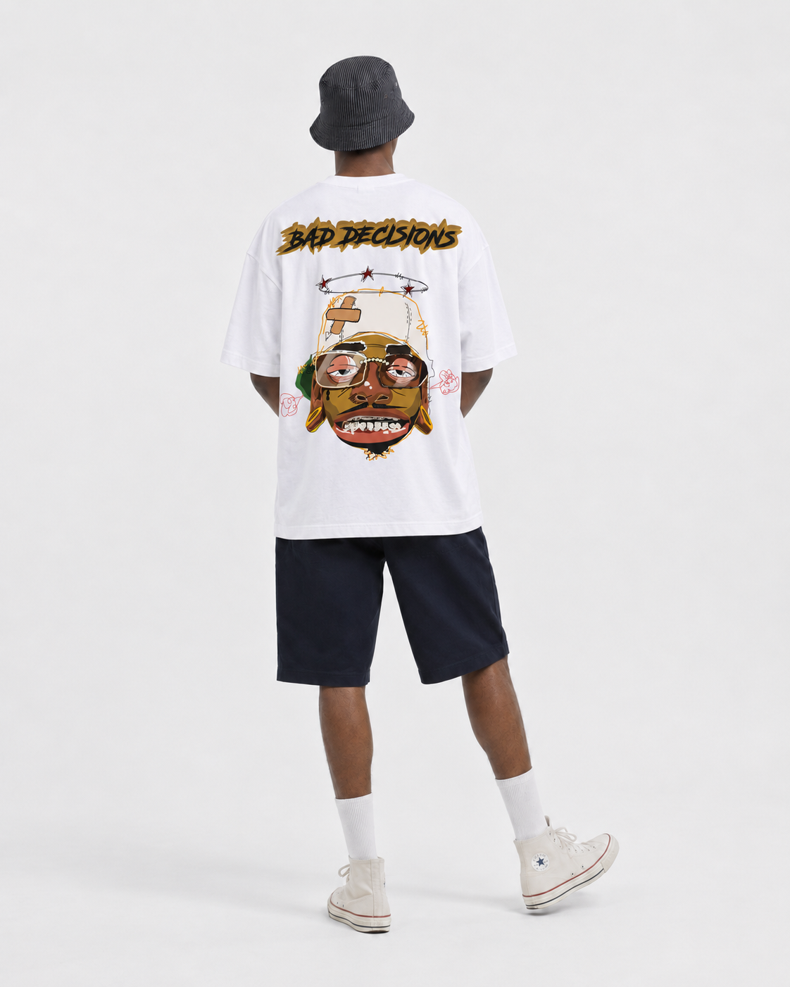 Bad Decisions white T-shirt — main artwork