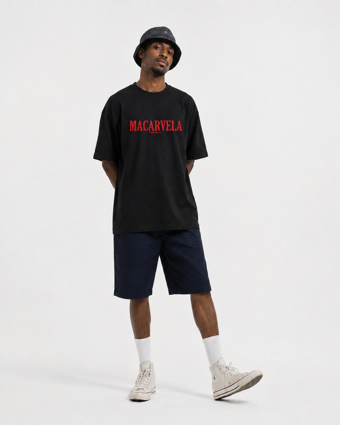 Macarvela black T-shirt, front view