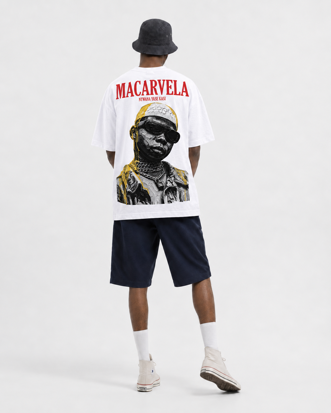 Macarvela white T-shirt — main artwork
