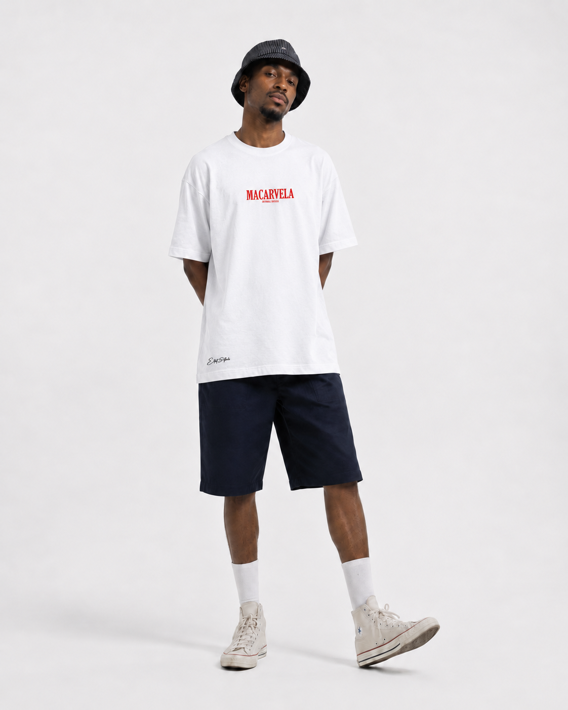 Macarvela white T-shirt — reverse view